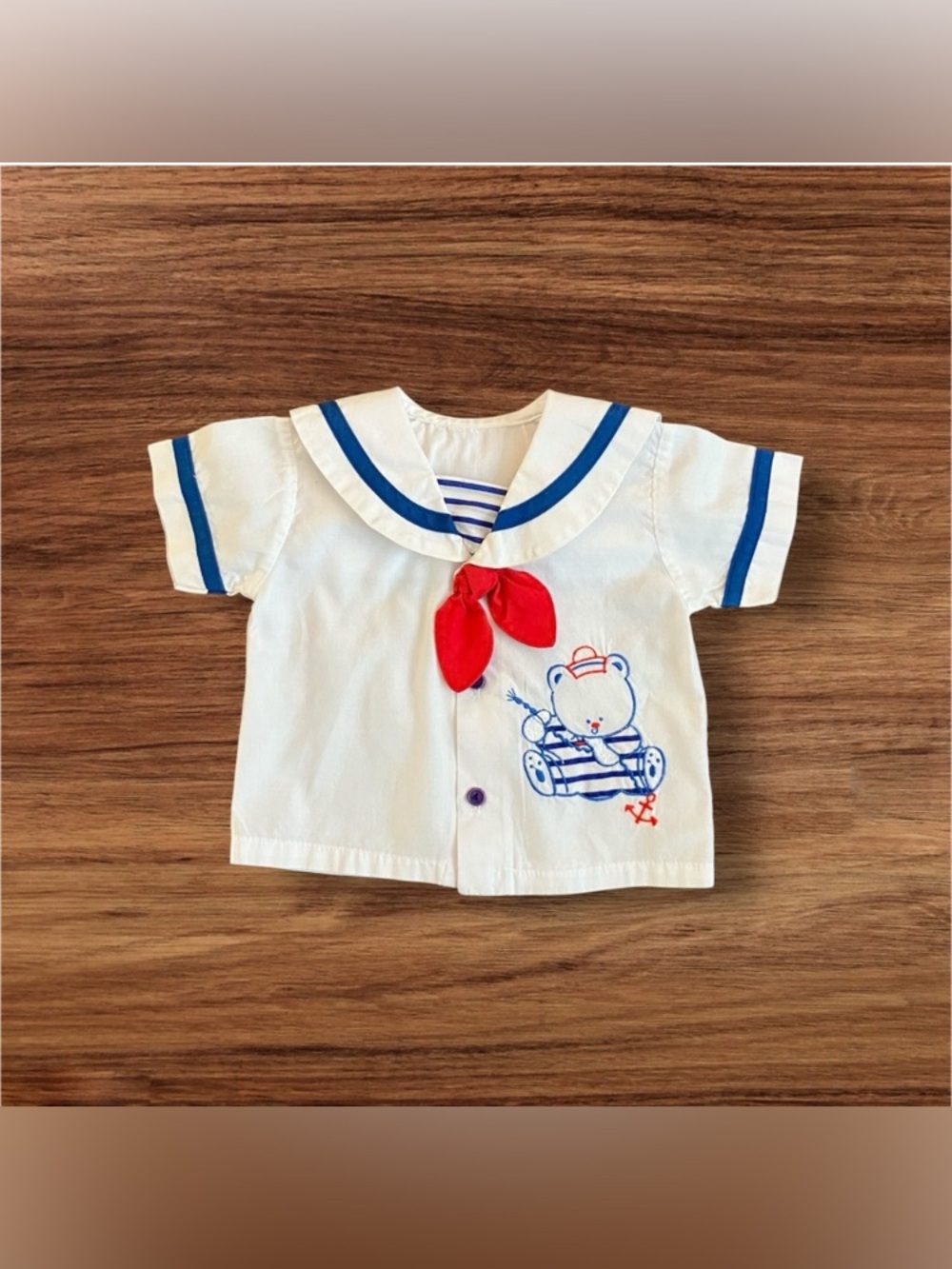 Vintage Baby Nautical Sailor Bear White Shirt Red Bow Blue Accents Sz 0-6 Months